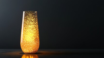 Illuminated glass vase with golden specks on dark background