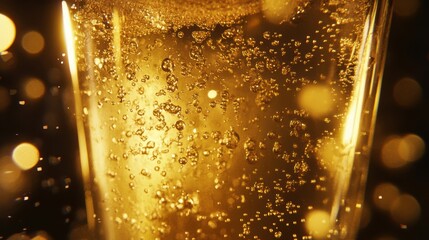 Sparkling gold champagne bubbles in a glass