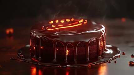 Glowing chocolate cake with dripping glaze and warm, atmospheric lighting