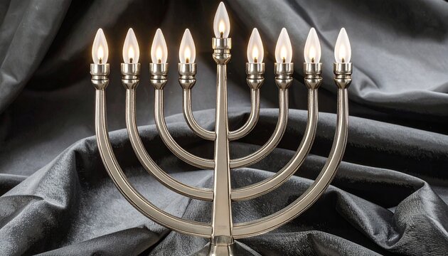 Silver menorah with nine glowing bulbs on dark draped background, modern Hanukkah symbolism.