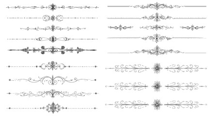 Vintage decorative divider borders in elegant line art. Classic ornamental flourishes and swirls for invitation, wedding card, or retro graphic decoration.