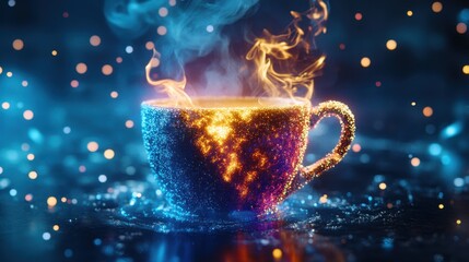 Sparkling cup of hot drink with vivid colors and steam