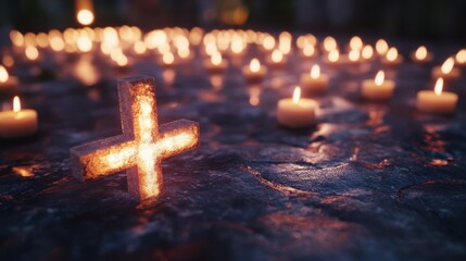 Illuminated cross with candles, soft focus, and atmospheric lighting.