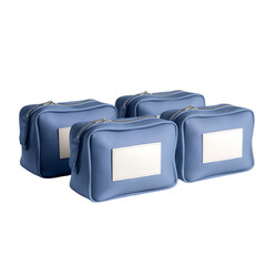 Organized travel accessories blue cosmetic bags home product photography minimalist close-up functional design
