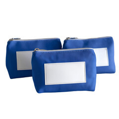 Stylish blue zippered pouches product showcase clean background minimalist style promotional concept