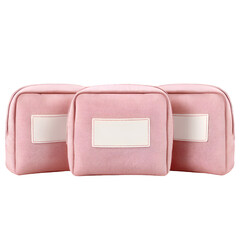Stylish pink cosmetic bags displayed on soft pink background fashion accessories studio setting minimalistic view