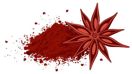 Star anise spice powder and whole star anise illustration food ingredient culinary background cooking recipe herbal organic natural seasoning aroma flavor texture design element spice herb ingredient.