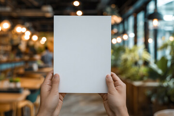 Hands holding blank paper in a cafe blurry background