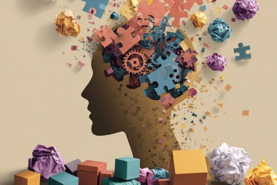 Silhouette head with exploding puzzle pieces, gears, and crumpled paper; abstract representation of complex thoughts