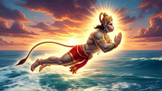 Powerful Hanuman Flying Over Ocean at Sunset Digital Painting of Hindu God, Ideal for Religious, Spiritual, and Cultural Designs
