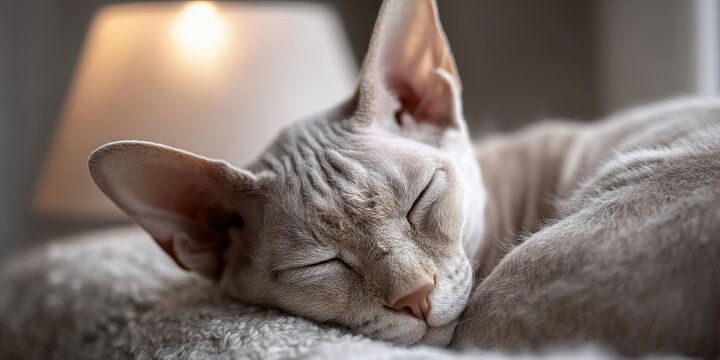 Sleeping sphynx cat resting peacefully on cozy blanket by lamp