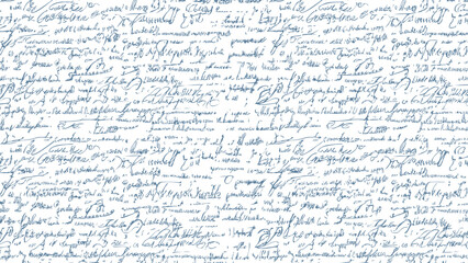Seamless white pattern of abstract illegible handwritten text. Vintage grunge calligraphy script, old book document. Vector illustration of monochrome unreadable handwriting cursive poetry