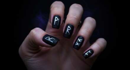 Dark Nails Adorned with Runes A Stylish and Mystical Manicure