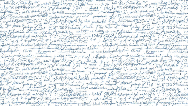 Seamless white pattern of abstract illegible handwritten text. Vintage grunge calligraphy script, old book document. Vector illustration of monochrome unreadable handwriting cursive poetry
