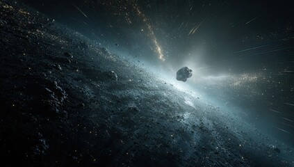 Asteroid in space, cosmic dust trails