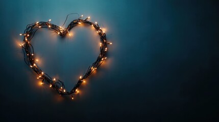 Glowing heart shape formed by warm fairy lights on dark blue background