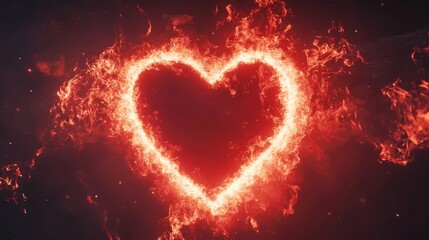 Fiery heart shape glowing with intense flames against dark background