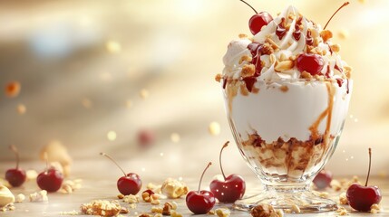 Decadent ice cream sundae with cherries and nuts