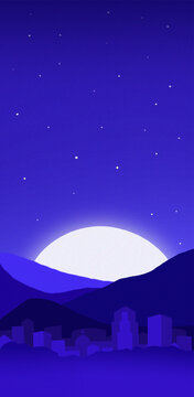 Night Skyline with Mountains and Rising Moon Illustration