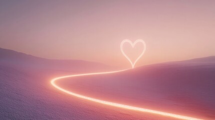 Glowing path leading to heart shaped light in pink landscape