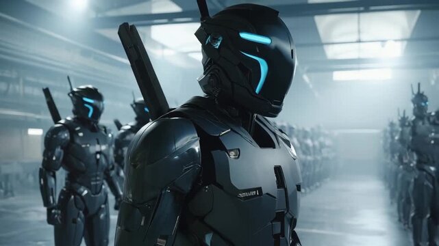 "Futuristic robot army standing in perfect formation inside a high-tech hangar, ready for deployment in a cinematic sci-fi military project
