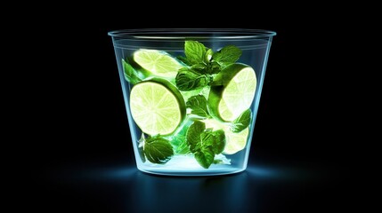 Vibrant mojito in a plastic cup under neon light