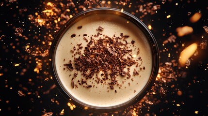 Decadent dessert creamy pudding topped with dark chocolate shavings and golden bokeh