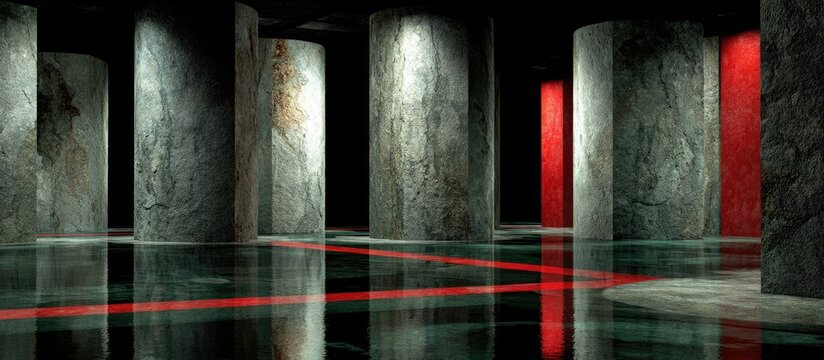 Dark, stone pillars with red accents