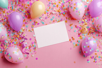 Pastel balloons confetti and a blank card on pink background perfect for party invitation