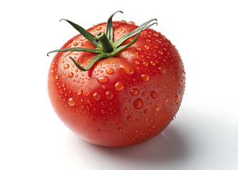 Single juicy red tomato with water drops isolated on a clean white background
