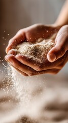 Woman holding sand grains slipping through fingers, time flowing concept