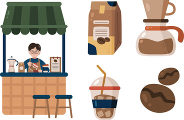 Outdoor Coffee Stand with Barista, Iced Coffee and Coffee Beans Illustration Collection