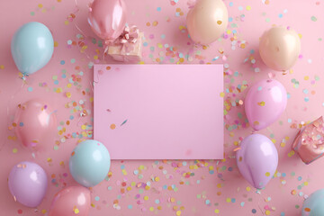 Pastel balloons confetti and gifts surround a blank card perfect for a birthday celebration or announcement