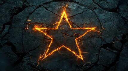 Fiery star symbol glowing within cracked stone texture, abstract digital art