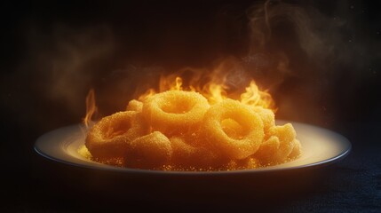 Flaming onion rings on plate dramatic dark food photography