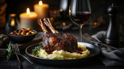 Elegant tomahawk steak dinner with red wine and candlelight, dark and moody