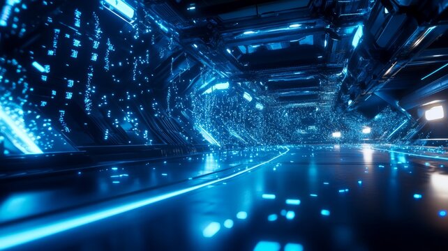 Futuristic cyberpunk interior with neon blue grid. Artificial intelligence image