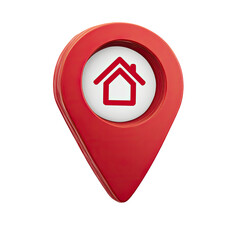 Red location pin with a house icon. A glossy, three-dimensional map marker