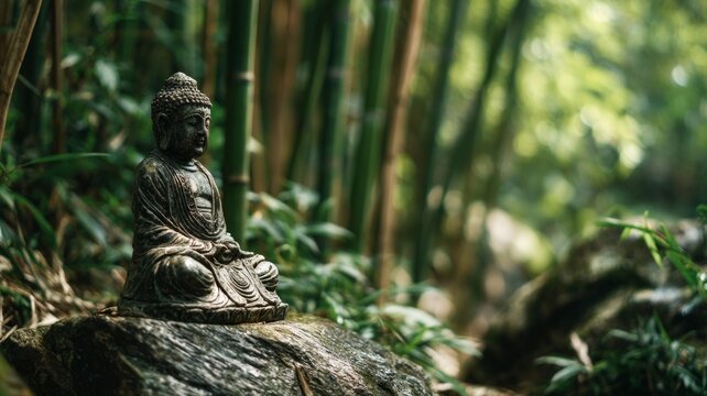 Serene buddha statue amidst lush bamboo grove. Artificial intelligence image - Powered by Adobe