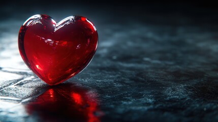 Red glass heart reflecting on dark surface