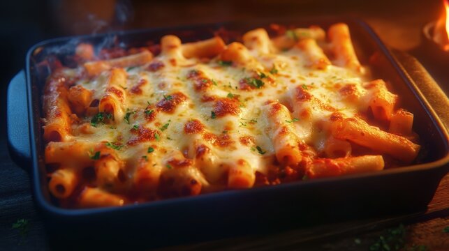 Baked ziti pasta with melted mozzarella cheese and fresh parsley in a dark baking dish