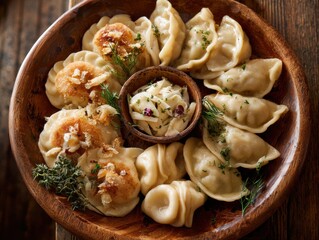 Delicious Pierogi Platter: Traditional Polish Dumplings with Toppings and Salad on Rustic Wooden Background - Close-Up Food Photography