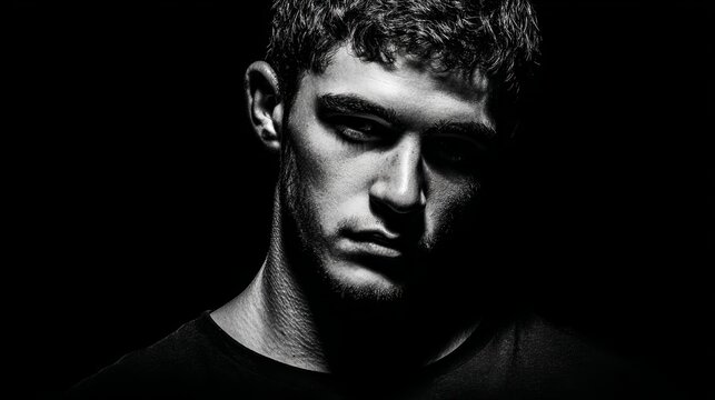 High contrast black and white portrait of serious young man with half face in shadow and half lit, wearing black t-shirt on minimalist dark background, cinematic and professional