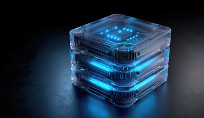 Transparent cube stack, glowing blue circuits