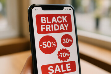 close-up of a smartphone screen showing a Black Friday mobile app with big red discount stickers