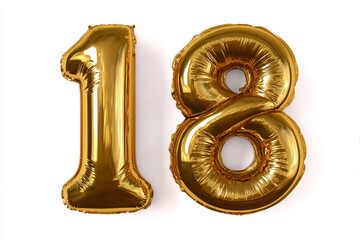 Gold number eighteen balloons on white background perfect for an 18th birthday