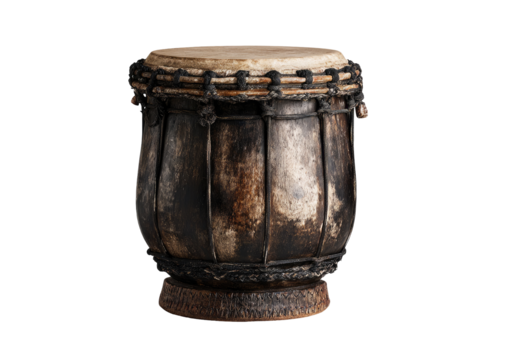 A traditional drum, dark and round