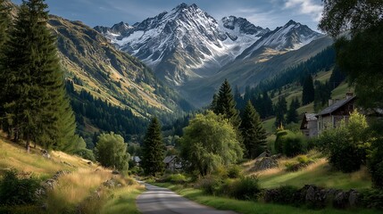Obraz premium Swiss alpine village sunset street scene with snow mountains, golden hour aerial view, red roof houses green fields road, cinematic hyperrealistic landscape