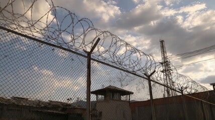 Fototapeta premium Guard tower behind rusty fence with barbed wire. Artificial intelligence image