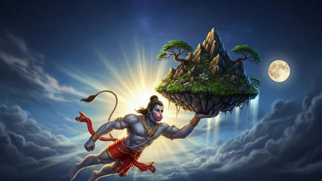 Powerful Digital Illustration of Hanuman Carrying Sanjeevani Mountain Hindu Mythology, Divine Strength, Epic Tale, Religious Art, Fantasy Art, Celestial Landscape, Spiritual Symbolism